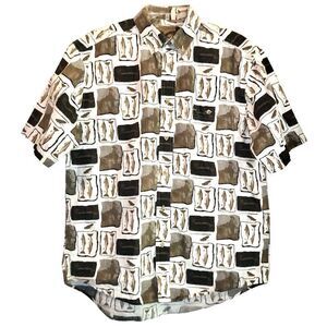 Ivy Crew Sport Fish Short Sleeve Shirt in White/Brown/Black Men’s M